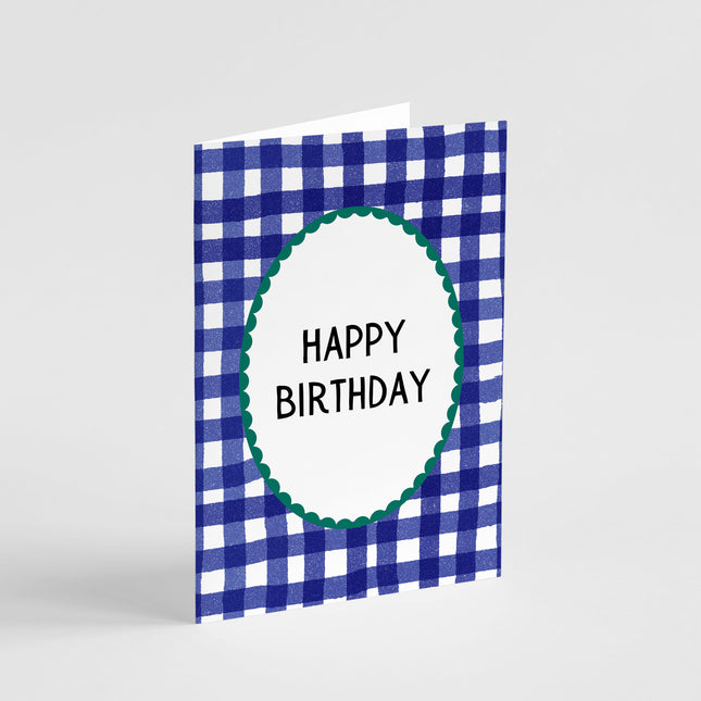 Blue Gingham Happy Birthday Card